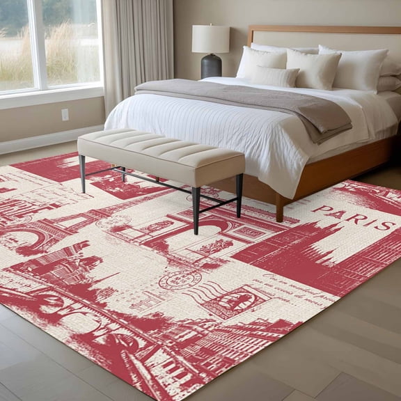 Vintage Art 6x9 Rug for Dining Room Table and Chair Setup, Red International Buildings Paris Towers Linen Low Pile Washable Non Slip Rectangle Area Rug