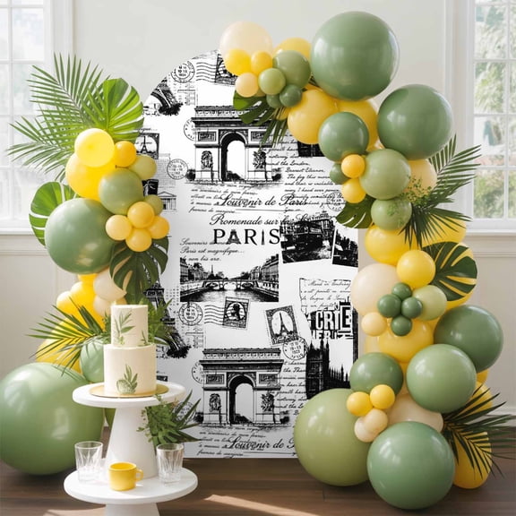 Vintage Art Arch Backdrop Cover, 6FT, International Buildings Paris Towers White Black Spandex Arch Covers Double-Sided Backdrop for Wedding Birthday Party Photo Background Decoration