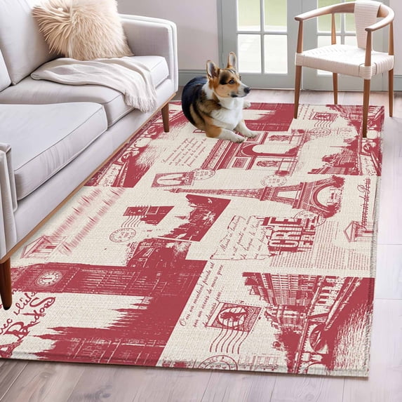 Vintage Art Area Rugs 4x6 ft Red International Buildings Paris Towers Linen Washable Rug Non Slip Indoor Carpet Absorbent Floor Mat for Living Room Bedroom Dining Room