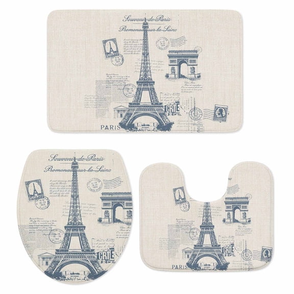 Vintage Art Bathroom Rugs Set Grey Blue International Buildings Towers Linen Non Slip Absorbent Soft Bath Mats 3 Piece Set with Bathroom Rug, U-Shaped Floor Mat, Toilet Seat Cover Small Size