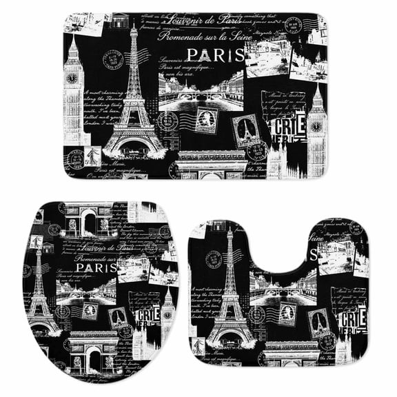 Vintage Art Bathroom Rugs Set International Buildings Paris Towers Black White Non Slip Absorbent Soft Bath Mats 3 Piece Set with Bathroom Rug, U-Shaped Floor Mat, Toilet Seat Cover Small Size