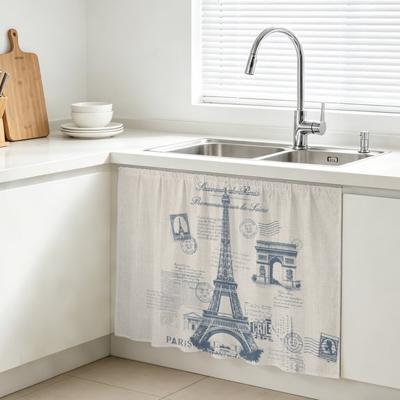 Vintage Art Cabinet Curtains for Kitchen 28"W x 35"L, Grey Blue International Buildings Towers Linen Farmhouse Sink Skirt Magic Tape Short Curtain Decorative Privacy Panel for Bathroom Laundry