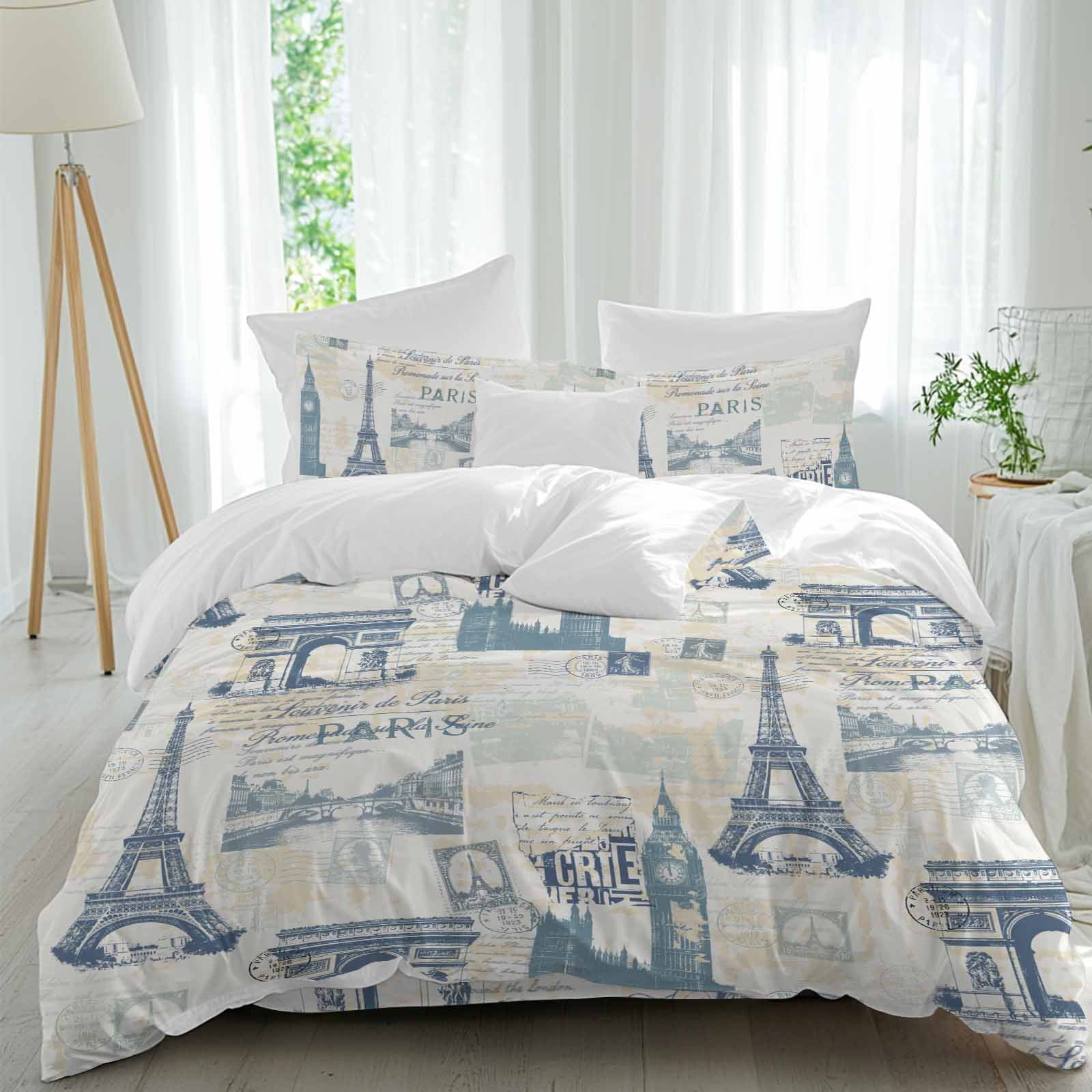 Vintage Art California King Duvet Cover Set, International Buildings Paris Towers Blue Grey 4 Piece Microfiber Bedding Set with Zipper Closure, Bed Sheet and 2 Pillow Shams, Soft Bedding Cover
