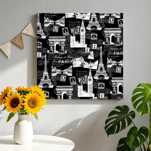 Vintage Art Canvas Wall Art, International Buildings Paris Towers Black White Framed Canvas Wall Decor Picture Print Artwork Decorations for Living Room Office Ready to Hang 10" x 10"