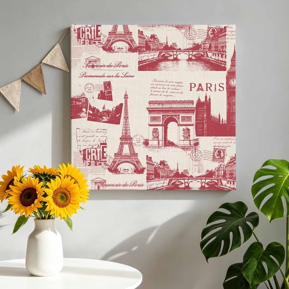 Vintage Art Canvas Wall Art, Red International Buildings Paris Towers Linen Framed Canvas Wall Decor Picture Print Artwork Decorations for Living Room Office Ready to Hang 12" x 12"