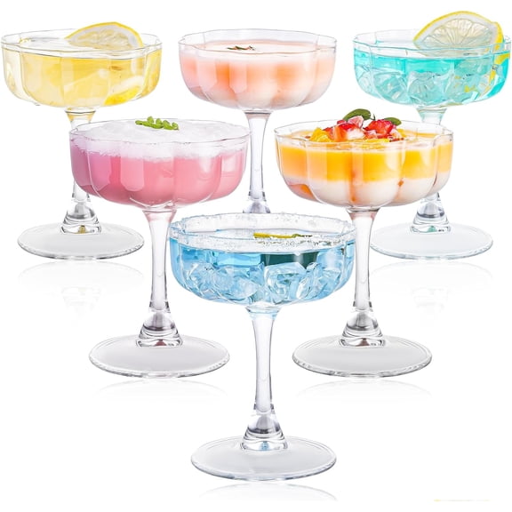 Vintage Art Deco Coupe Glasses, Set of 6 Flower Wave Coupe Cocktail Glasses, 6.5oz Classic Martini Glasses, Hand Blown Manhattan Goblet for Bar, Martini, Cosmopolitan, Gimlet, Pisco Sour