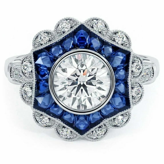 Vintage Art Deco Diamond Ring, Bezel Set Diamond Engagement Ring, Sapphire Hexagon Halo Diamond Ring, Floral Cluster Halo Diamond Ring, 14K White Gold Plated, 2.4 Ct Simulated Diamond