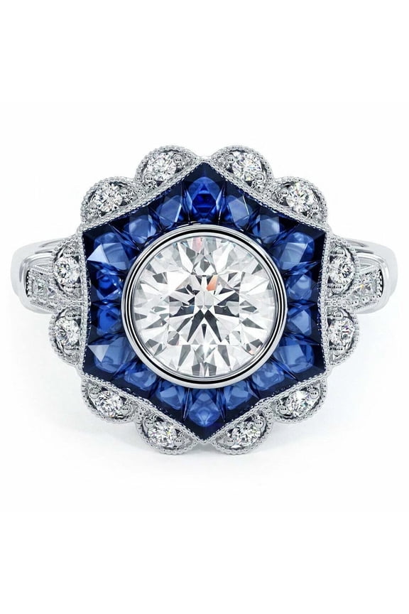 Vintage Art Deco Diamond Ring, Bezel Set Diamond Engagement Ring, Sapphire Hexagon Halo Diamond Ring, Floral Cluster Halo Diamond Ring, 14K White Gold Plated, 2.4 Ct Simulated Diamond