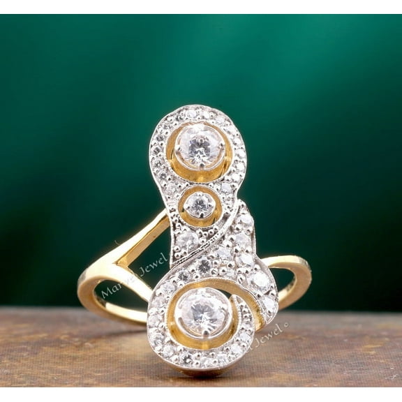 Vintage Art Deco Diamond Ring, Two Tone Metal Ring, Cluster Halo Diamond Engagement Ring, Antique Elongated Diamond Ring, 2.3 Ct Simulated Diamond, 14K Yellow Gold Plated