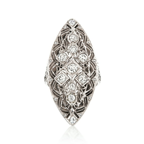 Vintage Art Deco Elongated Dinner Ring, Navette Statement Diamond Ring, Antique Filigree Ring, Accent Diamond Ring, Women's Dome Ring, 925 Sterling Silver, 1.8 Ct Simulated Diamond