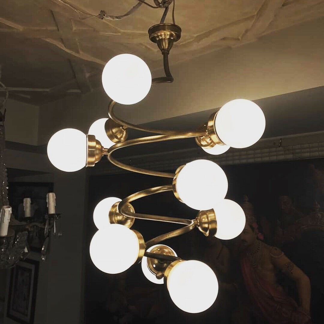 Vintage Art Deco Fixture Ceiling Brass Hanging 12 Light Milk Glass Shade Lamp
