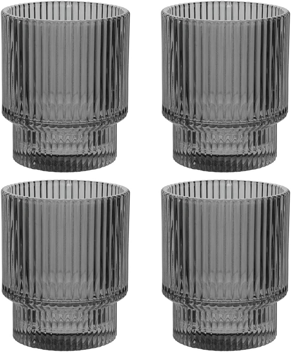 Smoke Grey Art Deco Fluted 9 oz Lowball Glasses Set of 4