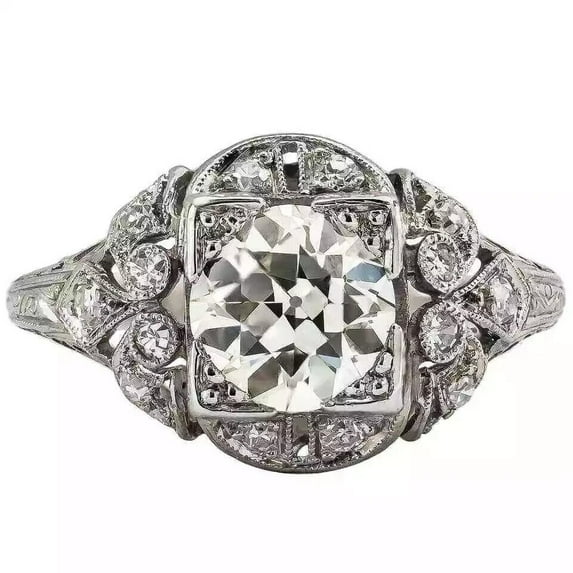 Vintage Art Deco Halo Diamond Engagement Ring 2.2 Ct Diamond 14K White Gold Over