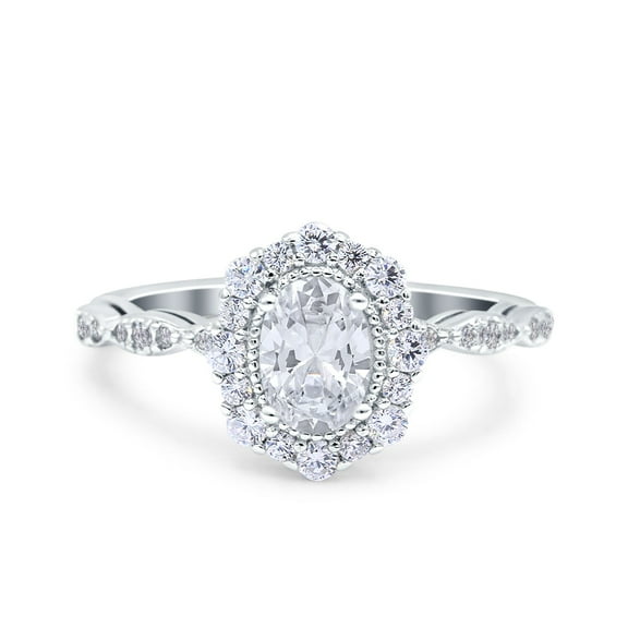 Vintage Art Deco Halo Oval CZ Wedding Engagement Bridal Ring 925 Sterling Silver