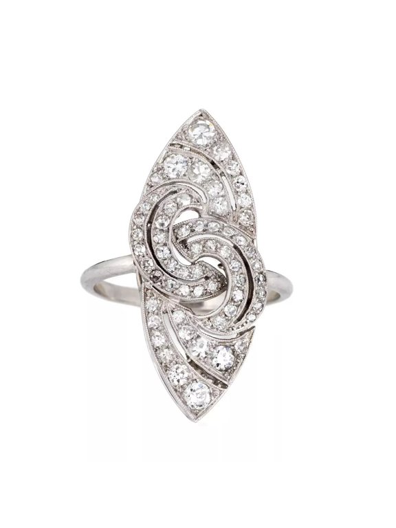 Vintage Art Deco Long Dinner Ring, Pave Set Diamond Engagement Ring, Swirl Style Ring, Antique Navette Diamond Ring, 14K White Gold Plated, 2.2 Ct Simulated Diamond, Anniversary Gift Ring For Her