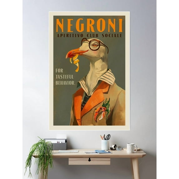 Vintage Art Deco Negroni Poster Of A Fancy Seagull Poster Wall Art, Modern Wall Decor For Living Room Bedroom, 16x24 UNFRAMED