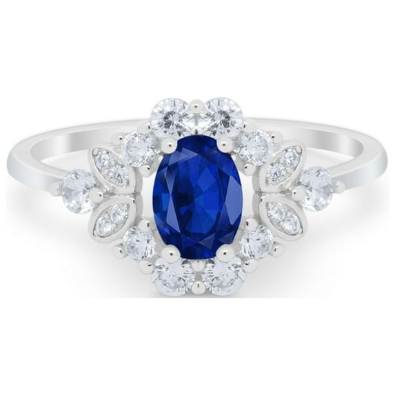 Vintage Art Deco Oval Blue Sapphire CZ Wedding Ring 925 Sterling Silver Size 6