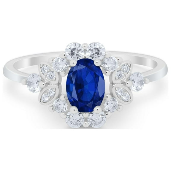 Vintage Art Deco Oval Blue Sapphire CZ Wedding Ring 925 Sterling Silver Size 8