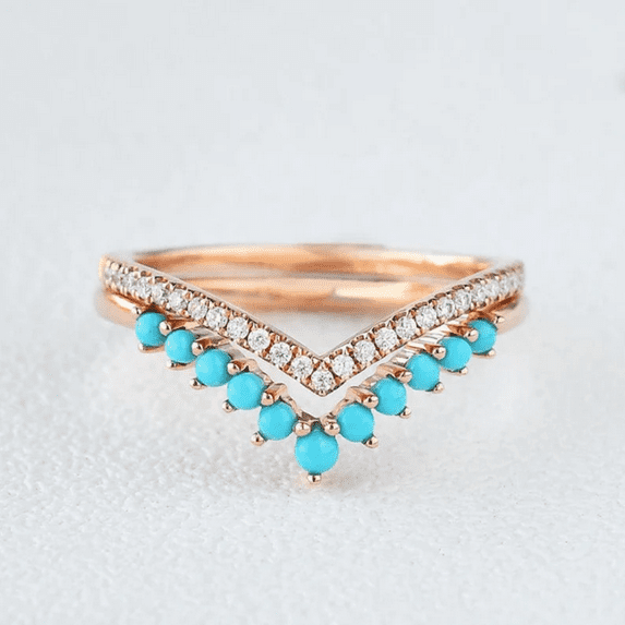 Vintage Art Deco Ring Set in 14K Yellow Gold Vermeil- Turquoise Engagement Band- December Birthstone