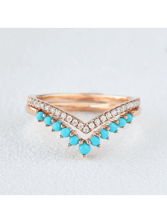 Vintage Art Deco Ring Set in 14K Yellow Gold Vermeil- Turquoise Engagement Band- December Birthstone