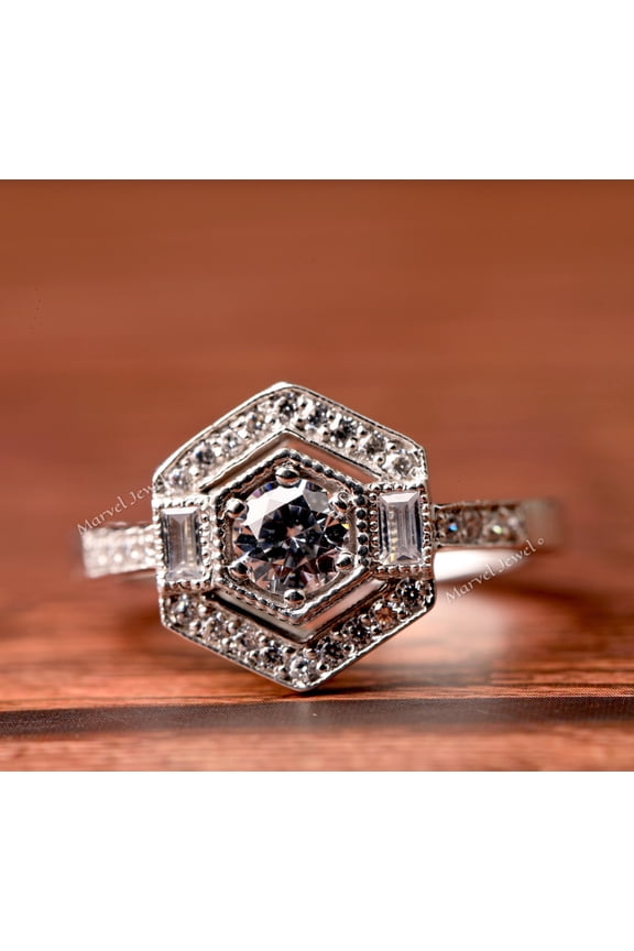 Vintage Art Deco Solitaire Diamond Engagement Ring, Hexagon Halo Diamond Ring, Solitaire With Accent Diamond Ring, 925 Sterling Silver, 2.3 Ct Simulated Diamond, Gift For Mother