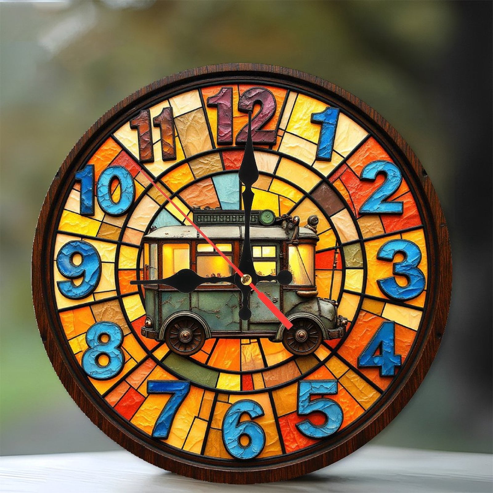 Vintage Art Deco Stained Glass Wall Clock Decor 10-Inch Silent Wooden ...