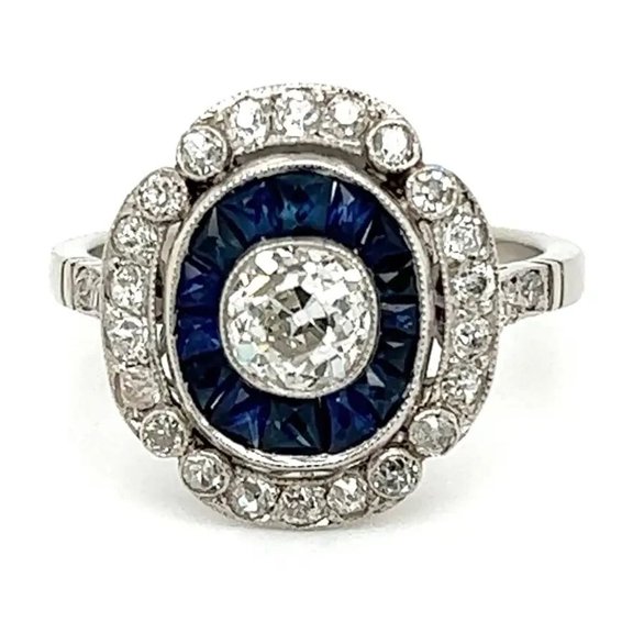 Vintage Art Deco Style Diamond Engagement Ring, Milgrain Bezel Set Diamond Ring, Floral Cluster Double Halo Blue Sapphire Ring, Accents Diamond Ring, 925 Sterling Silver, 2.1 Ct Simulated Diamond