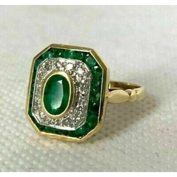 Vintage Art Deco Style Oval Lab Created Emerald Engagement 14K Gold Finish Ring