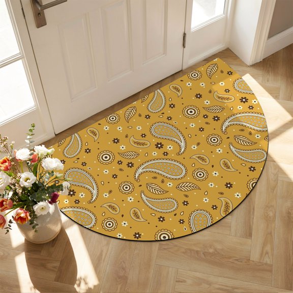 Vintage Art Diatomaceous Earth Bath Mat, Yellow Ethnic Classical Paisley Floral Pattern Half Round Non-Slip Quick Dry Door Mat Super Absorbent Bath Rug for Bathroom Kitchen Laundry 16x24in