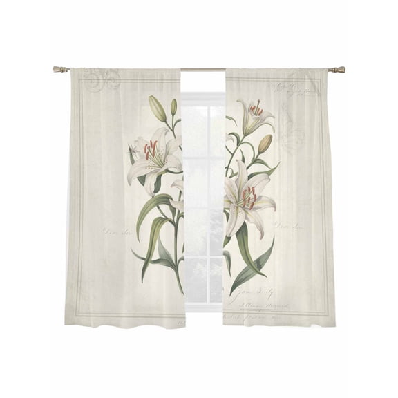 Vintage Art Flowers Sheer Curtains 63 Inch Long 2 Panels, Lilies Floral Leaves Beige Court Style Light Filtering Rod Pocket Curtains, Sheer Voile Drapes for Living Room Bedroom, 52"x63"
