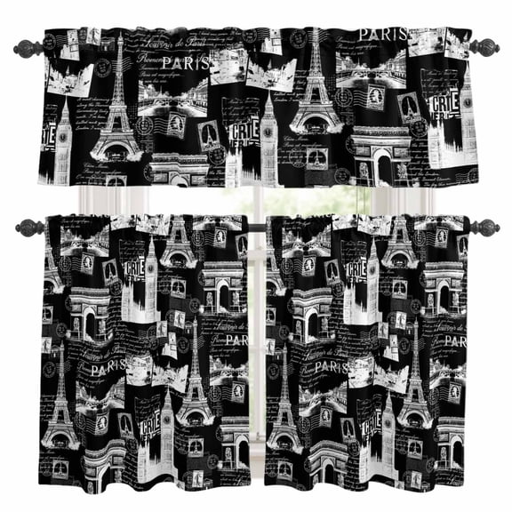Vintage Art Kitchen Curtains and Valances Set, International Buildings Paris Towers Black White Rod Pocket Window Valance Window Curtain Panels for Living Room Bedroom Laundry, 27.5x24in, 3 Pieces