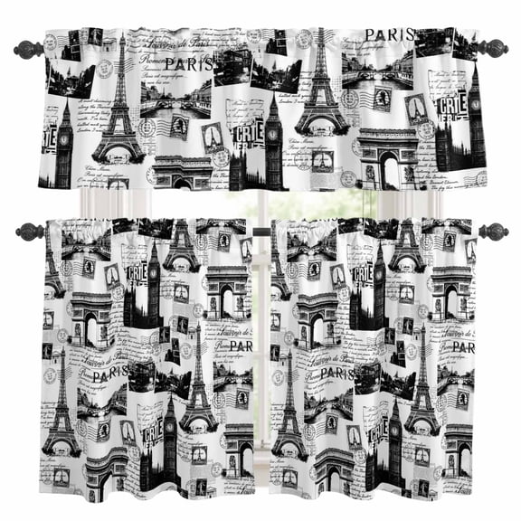 Vintage Art Kitchen Curtains and Valances Set, International Buildings Paris Towers White Black Rod Pocket Window Valance Window Curtain Panels for Living Room Bedroom Laundry, 27.5x24in, 3 Pieces