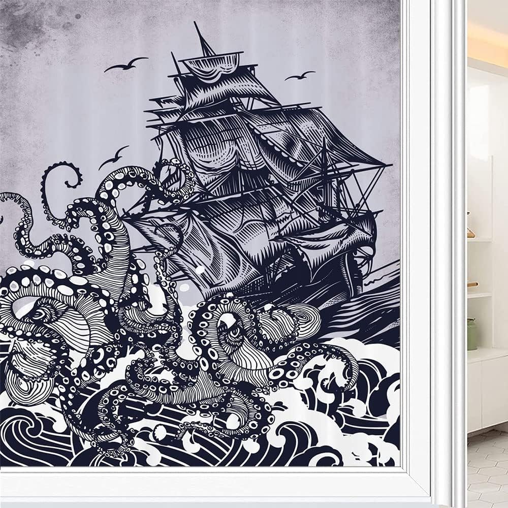 Vintage Art Nautical Decorative Window Film, Ocean Theme Bathroom