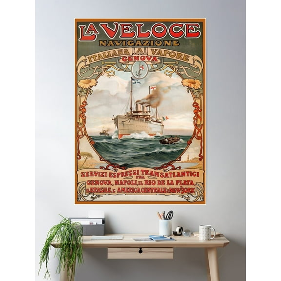 Vintage Art Nouveau Italian Cruise Ship Travel Ad Poster Wall Art, Modern Wall Decor For Living Room Bedroom, 12x18 UNFRAMED