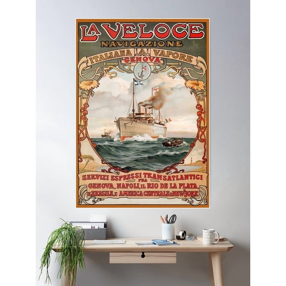 Vintage Art Nouveau Italian Cruise Ship Travel Ad Poster Wall Art, Modern Wall Decor For Living Room Bedroom, 8x12 UNFRAMED