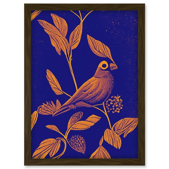 Vintage Art Nouveau Pattern Detail Tropical Bird On Branch Linocut Illustration Artwork Framed Wall Art Print A4
