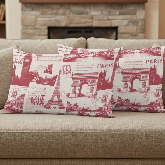 Vintage Art Pillow Covers Set of 2, Red International Buildings Paris Towers Linen 12x20 Inch Decorative Throw Pillow Covers Soft Pillowcases with Zipper for Couch Sofa Bed Chair