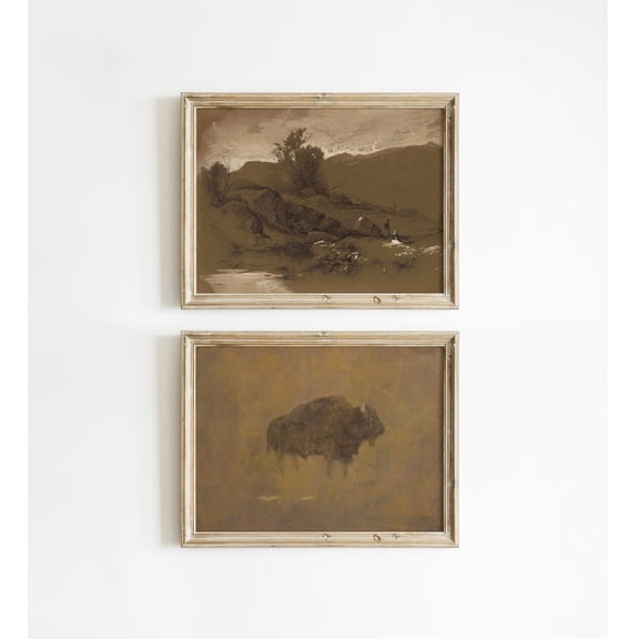 Vintage Art Print SET of Two Brown Tones Landscape Vintage Bison Art Print Animal Wall Art Antique Brown Tones Gallery Wall Art 629 Set 2