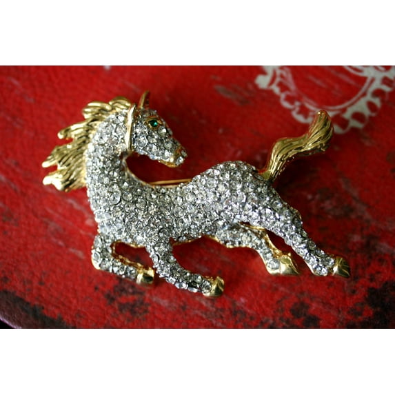 Vintage Art Rhinestone Galloping Horse Pin, Diamante Running Horse Brooch