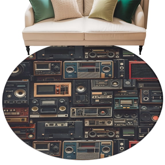 Vintage Art Round Rug 8ft Washable Circle Rugs Non Slip Music Retro Art Large Area Rug Indoor Floor Carpet for Bedroom Kitchen Living Room Home Office Dining Room Nursery