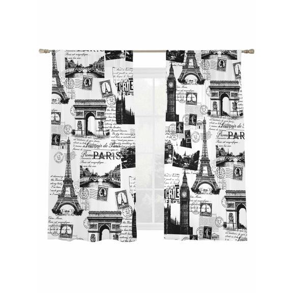 Vintage Art Sheer Curtains 2 Panels Set International Buildings Paris Towers White Black Sheer Window Curtains Light Filtering Rod Pocket Voile Drapes for Bedroom Living Room 52"x63"