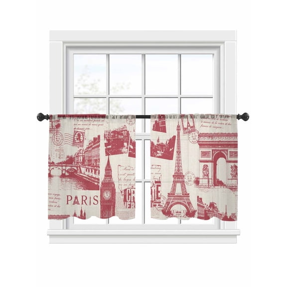 Vintage Art Sheer Curtains 2 Panels Set Red International Buildings Paris Towers Linen Sheer Window Curtains Light Filtering Rod Pocket Voile Drapes for Bedroom Living Room 52"x45"