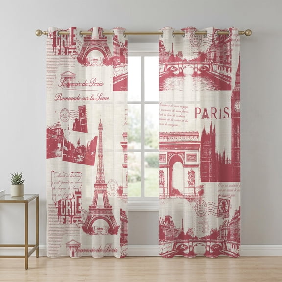 Vintage Art Sheer Curtains 96 Inch Long 2 Panels, Red International Buildings Paris Towers Linen Light Filtering Semi Sheer Drapes Grommet Voile Window Curtain for Living Bedroom W52 x L96