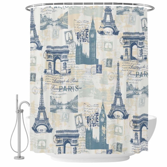 Vintage Art Shower Curtain for Bathroom, International Buildings Paris Towers Blue Grey Waterproof Cloth Fabric Bathroom Accessories Set with 12 Rust Proof Plastic Hooks, 72"x84"