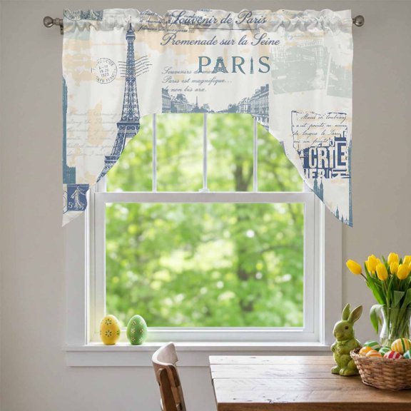 Vintage Art Swag Valances for Kitchen Window, International Buildings Paris Towers Blue Grey Small Swag Valances Rod Pocket Curtain Drapes Window Treatment for Bedroom Bathroom, 56x36 Inch