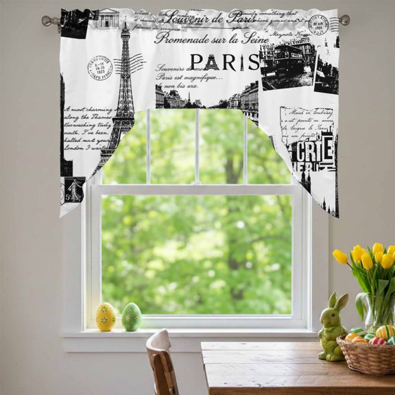 Vintage Art Swag Valances for Kitchen Window, International Buildings Paris Towers White Black Small Swag Valances Rod Pocket Curtain Drapes Window Treatment for Bedroom Bathroom, 56x36 Inch