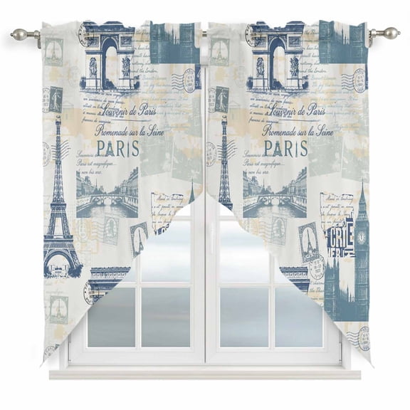 Vintage Art Swag Valances for Windows 2 Pack International Buildings Paris Towers Blue Grey Swag Kitchen Curtains 36 Inches Long Rod Pocket Short Window Treatment for Kitchen Bathroom 36"x36"