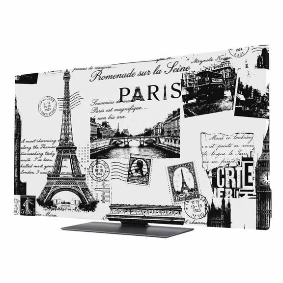 Vintage Art TV Dust Cover 24 Inch, International Buildings Paris Towers White Black Computer Monitor Cover Dustproof Stretchable Indoor TV Screen Protector for LED LCD Universal Monitors
