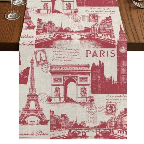 Vintage Art Table Runner 48 Inches Long, Red International Buildings Paris Towers Linen Cotton Linen Dining Table Runner Dresser Scarves for Home Kitchen Party Decor 13"x48"