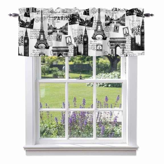 Vintage Art Valance Curtain for Windows International Buildings Paris Towers White Black Rod Pocket Curtain Valances Short Window Treatments Panels for Kitchen Bathroom Laundry Basement 54 x 18 Inch